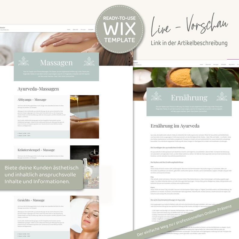 Wix Website Template Coaching - Website Vorlage für HeilpraktikerInnen, Coaches  und Selbstständige von VanillDesign. Website selbst erstellen - Wix Website Theme kaufen. Beispiel-Seiten "Angebote": Massage und Ernährung im Ayurveda.