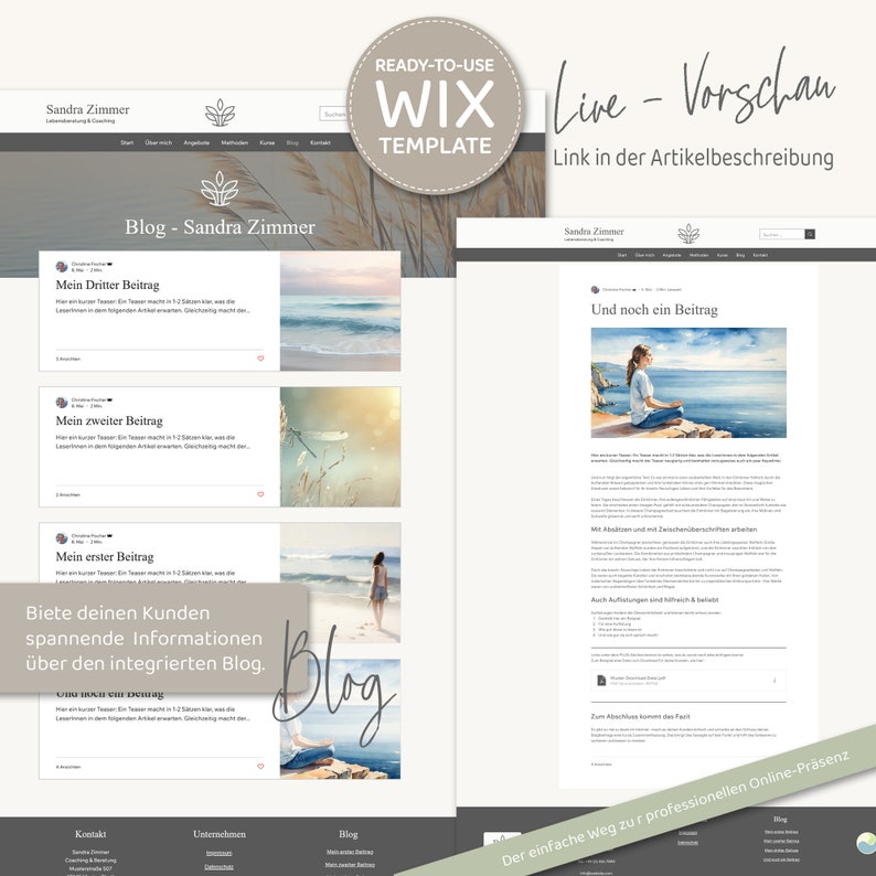 Wix Website Template - Website Vorlage "Life-Balance" für Coaching & Beratung von VanillDesign, Website selbst erstellen. Blog Beispiel Seiten.