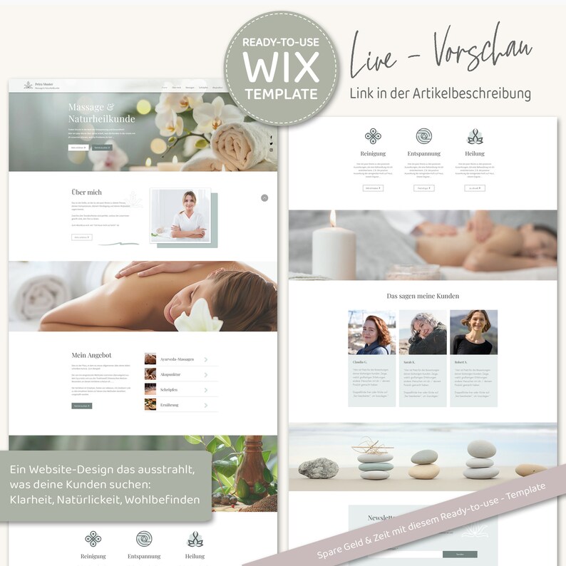 Wix Website Template Coaching - Website Vorlage für HeilpraktikerInnen, Coaches und Selbstständige von VanillDesign. Website selbst erstellen - Wix Website Theme kaufen. Übersicht über HOME-Seite.
