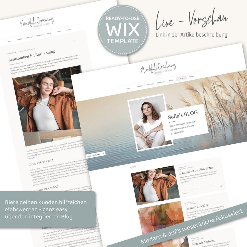 Pu&ograve; includere: Un modello di sito web per un'attivit&agrave; di coaching consapevole. Il modello presenta uno sfondo blu chiaro con testo bianco sovrapposto. Il testo include le parole "Mindful Coaching", "Modello Wix pronto all'uso", "Live - Anteprima" e "Link nella descrizione dell'articolo".