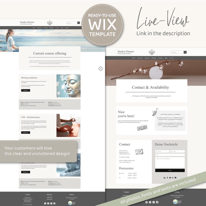 Wix Website Template - Professional webdesign for life-coaches, therapists & service providers, user-friendly, practice-oriented, aesthetic - course offers meditation