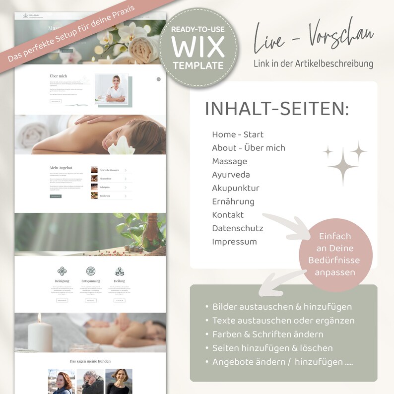 Wix Website Template Coaching - Website Vorlage für HeilpraktikerInnen, Coaches  und Selbstständige von VanillDesign. Website selbst erstellen - Wix Website Theme kaufen. Übersicht aller Inhalte dieser Wix Homepage-Vorlage.
