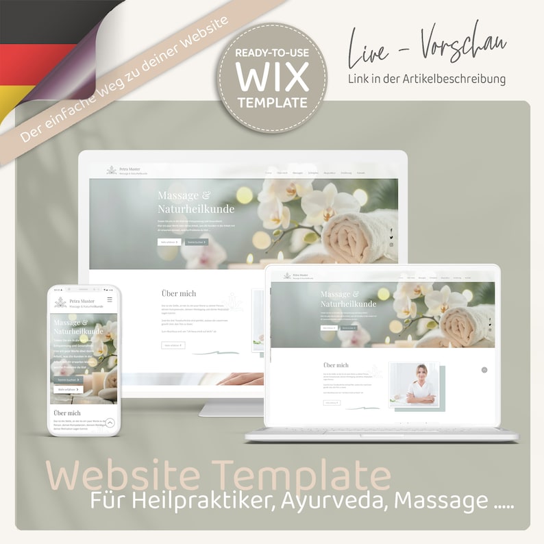 Pu&ograve; includere: Modello di sito web per massaggiatori, con uno sfondo grigio chiaro, un'orchidea bianca e un asciugamano bianco. Il testo "Massage & Naturheilkunde" &egrave; visualizzato sul sito web. Il sito web &egrave; visualizzato su un computer desktop, un laptop e uno smartphone.