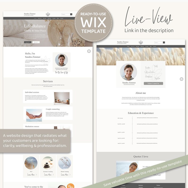 Wix Website Template - Professional webdesign for life-coaches, therapists & service providers, user-friendly, practice-oriented, aesthetic - about me