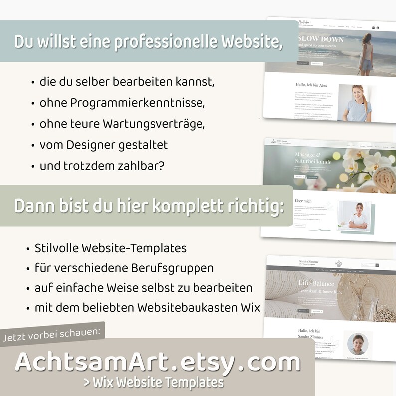 Wix Website Template Coaching - Website Vorlage für HeilpraktikerInnen, Coaches  und Selbstständige von VanillDesign. Website selbst erstellen - Wix Website Theme kaufen. Hinweis auf noch mehr professionelle Website-Vorlagen von VanillDesign.