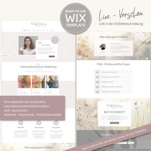 Pu&ograve; includere: Un modello di sito web per il coaching consapevole, con uno sfondo chiaro, una foto di una donna e il testo che dice "Mindful Coaching" e "Sono Sofia". Il sito web include anche una sezione per le domande frequenti, una call to action per iscriversi a una newsletter e una sezione per le testimonianze.