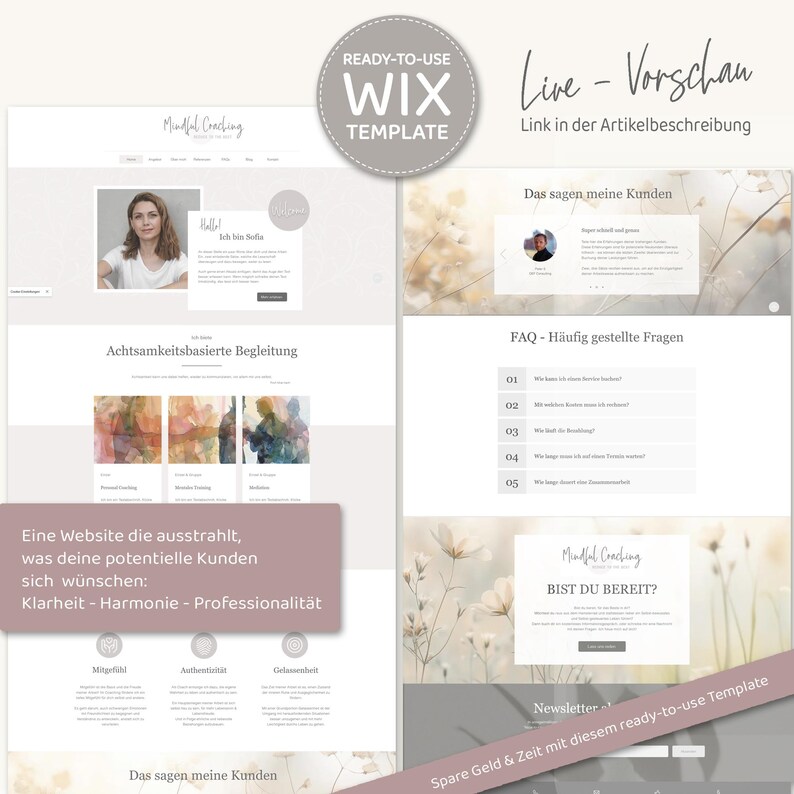 Pu&ograve; includere: Un modello di sito web per il coaching consapevole, con uno sfondo chiaro, una foto di una donna e il testo che dice "Mindful Coaching" e "Sono Sofia". Il sito web include anche una sezione per le domande frequenti, una call to action per iscriversi a una newsletter e una sezione per le testimonianze.