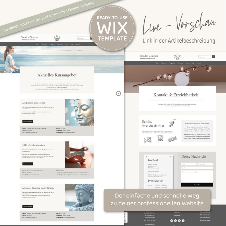 Wix Website Template - Website Vorlage "Life-Balance" für Coaching & Beratung von VanillDesign, Website selbst erstellen. Kursangebote und Kontakt.