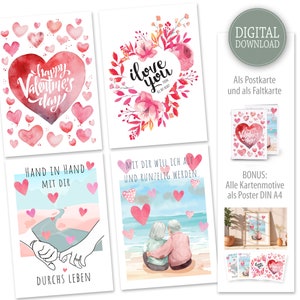 Cartões de amor para imprimir, cartão de amor DIY, saudações com amor, cartão postal de dia dos namorados, cartão de amizade de amor, download instantâneo de pôster bônus
