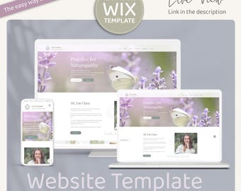 May include: Website template for therapists, life coaches, and massage therapists. The template features a lavender background with a white butterfly and text that says "Practice for Naturopathy".
