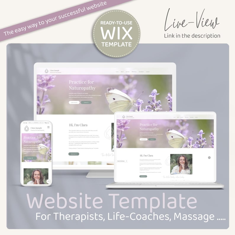 May include: Website template for therapists, life coaches, and massage therapists. The template features a lavender background with a white butterfly and text that says "Practice for Naturopathy".