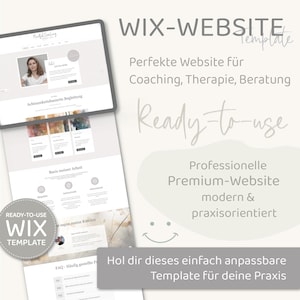 Pu&ograve; includere: Un modello di sito web Wix per coach, terapisti e consulenti. Il modello presenta uno sfondo grigio chiaro con una sovrapposizione di testo bianco. Il testo recita "Wix-Website Template", "Perfect Website for Coaching, Therapy, Beratung", "Ready-to-use", "Professional Premium-Website modern & praxisorientiert", e "Hol dir dieses einfach anpassbare Template f&uuml;r deine Praxis".