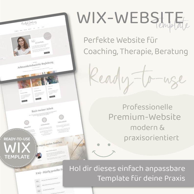 Pu&ograve; includere: Un modello di sito web Wix per coach, terapisti e consulenti. Il modello presenta uno sfondo grigio chiaro con una sovrapposizione di testo bianco. Il testo recita "Wix-Website Template", "Perfect Website for Coaching, Therapy, Beratung", "Ready-to-use", "Professional Premium-Website modern & praxisorientiert", e "Hol dir dieses einfach anpassbare Template f&uuml;r deine Praxis".