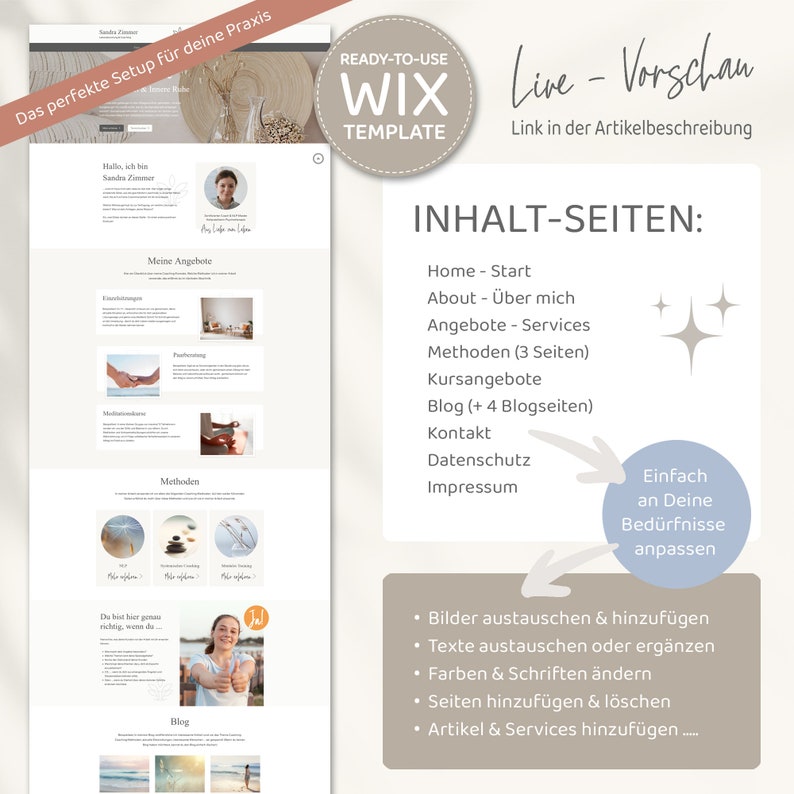 Wix Website Template - Website Vorlage "Life-Balance" für Coaching & Beratung von VanillDesign, Website selbst erstellen. Überblick über alle Seiten.