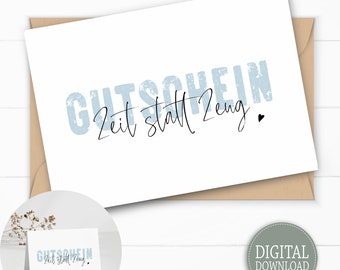 Voucher TIJD in plaats van spullen, tijdbon om af te drukken, tijd te geven, ansichtkaart & vouwkaart DIN A6, cadeaubon, instant download