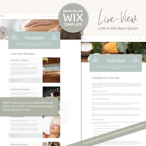 May include: A website template for a business offering Ayurveda-based massages and nutrition advice. The website features a light green and white color scheme with images of massage therapy and herbal ingredients. The text on the website includes the words "Massages", "Ayurveda-Massages", "Nutrition", and "Nutrition in Ayurveda".