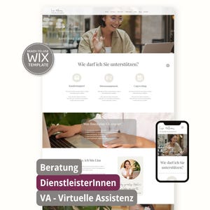 Könnte beinhalten: Ein Website-Design mit einer Frau mit Brille, die einen Laptop benutzt. Die Website enthält Abschnitte zu Kundensupport, Büromanagement und Copywriting. Ein Mobiltelefon zeigt die Website an. Der Text enthält "Lisa Williams" und "Ready-to-use WIX template."
