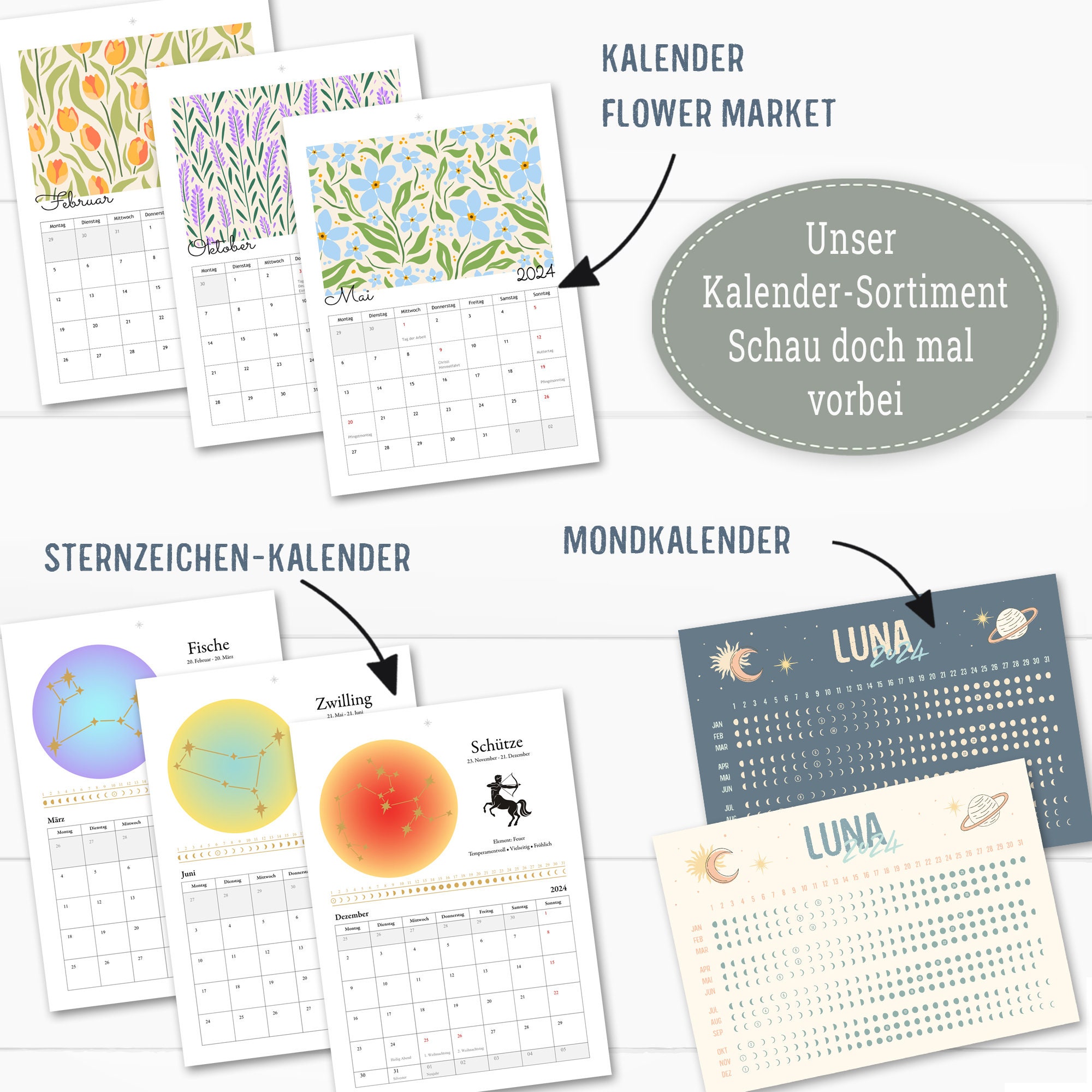 Mondkalender Sternzeichen Kalender 2024 zum Ausdrucken DIN A4