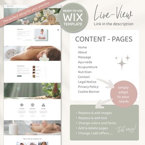 May include: A website template for a spa or wellness business. The template features a light green and white color scheme with images of spa treatments and products. The text on the page includes the words "Home", "About", "Massage", "Ayurveda", "Acupuncture", "Nutrition", "Contact", "Legal Notice", "Privacy Policy", and "Cookie Banner".