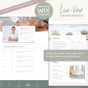 May include: A website template for a massage therapist, featuring a contact form, office address, and practice times. The template is designed in a minimalist style with a light green and white color scheme.