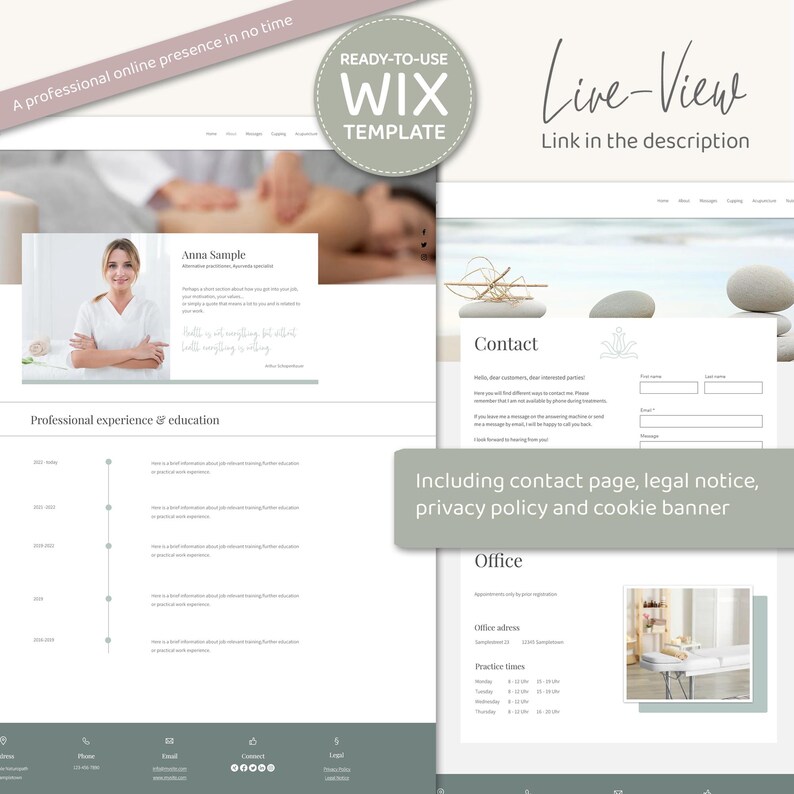 May include: A website template for a massage therapist, featuring a contact form, office address, and practice times. The template is designed in a minimalist style with a light green and white color scheme.