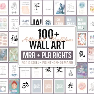 Può includere: Un collage di oltre 100 stampe di arte da parete sulla consapevolezza con testo in inglese e tedesco. Le stampe presentano vari design, tra cui simboli, parole e illustrazioni. Il testo sul collage recita "100+ Achtsamkeit - Mindfulness Wall Art MRR + PLR Rights For Resell + Print-on-Demand".