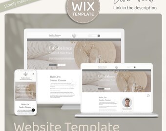 May include: A website template displayed on a laptop, desktop monitor, and smartphone. The website design features a neutral color palette with the text "Life-Balance" and "Sandra Zimmer." The image includes the text "READY-TO-USE WIX TEMPLATE."