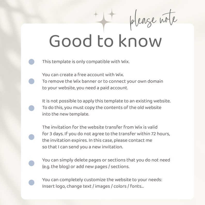May include: A list of information about Wix website templates, including compatibility, account creation, website transfer, and customization options. The text is written in a friendly and informative tone.