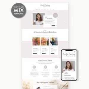 以下が含まれることがあります： マインドフルコーチングのウェブサイトテンプレート。ラップトップとスマートフォンに表示されます。ウェブサイトには女性の写真、「Hallo! Ich bin Sofia」というテキスト、マインドフルネスとコーチングに関するセクションがあります。