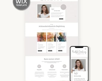 Può includere: Un modello di sito web per Mindful Coaching, visualizzato su un laptop e uno smartphone. Il sito web presenta una foto di una donna, il testo "Hallo! Ich bin Sofia" e sezioni su mindfulness e coaching.