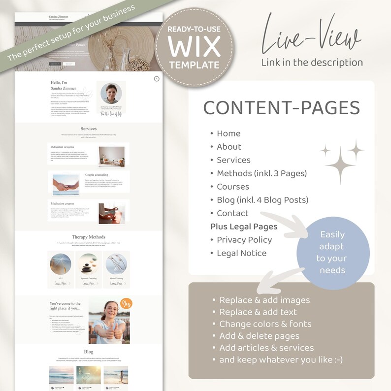 Wix Website Template - Professional webdesign for life-coaches, therapists & service providers, user-friendly, practice-oriented, aesthetic - content pages & sections