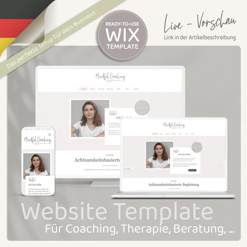 Pu&ograve; includere: Un modello di sito web per aziende di coaching, terapia e consulenza. Il modello presenta un design minimalista con uno sfondo grigio chiaro e una sovrapposizione di testo bianco. Il modello include un'intestazione con il testo "Mindful Coaching" e un messaggio di benvenuto. Il modello include anche una sezione per una foto del coach e una sezione per una descrizione dei servizi del coach. Il modello &egrave; progettato per essere utilizzato con il costruttore di siti web Wix.