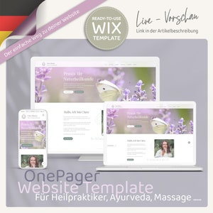 Könnte beinhalten: Eine Website-Vorlage für eine einseitige Website mit einem Lavendelhintergrund, einem Schmetterling und dem Text "Praxis für Naturheilkunde" und "Hallo, ich bin Clara". Die Vorlage ist für Heiler wie Ayurveda-Praktizierende, Massagetherapeuten und Naturheilkundler konzipiert.