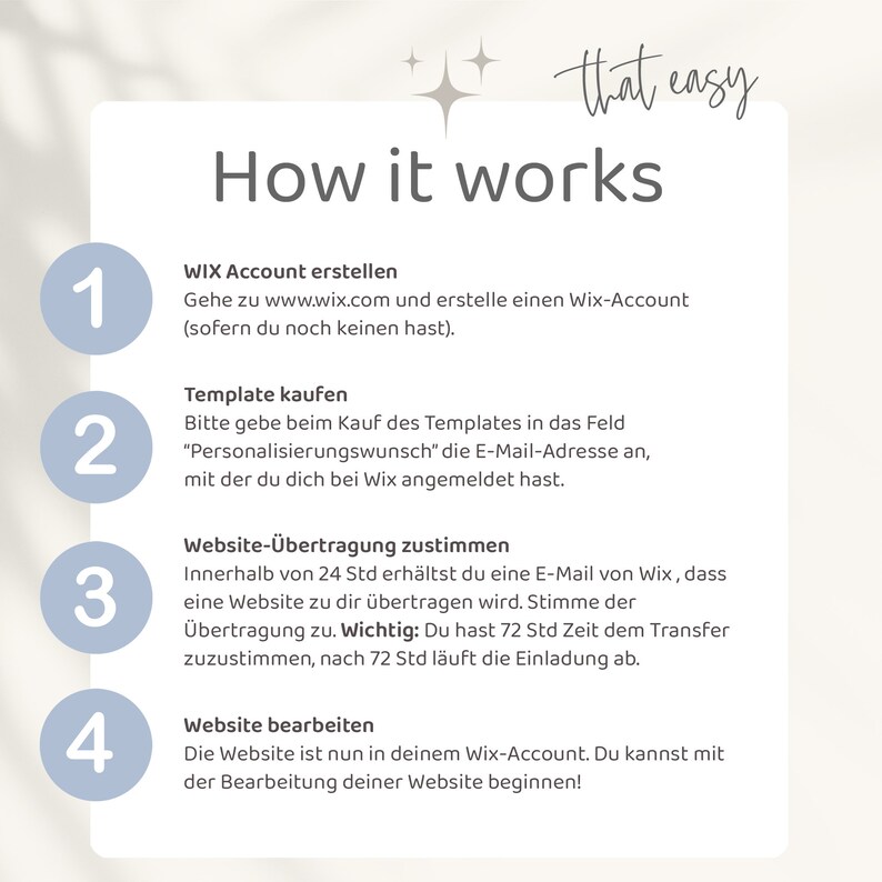 Wix Website Template - Website Vorlage "Life-Balance" für Coaching & Beratung von VanillDesign, Website selbst erstellen. How it works - Anleitung zur Übertragung der Wix-Website.