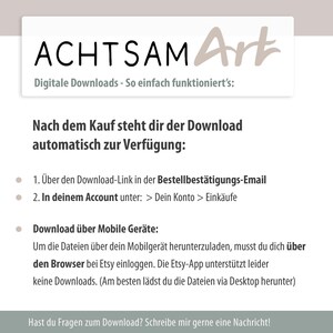 Op de afbeelding: Witte achtergrond met Duitse tekst, inclusief "ACHTSAM Art" en instructies voor digitale downloads. De tekst legt uit hoe bestanden na aankoop te downloaden, inclusief via e-mail en accounttoegang.