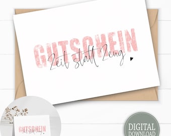 Voucher "TIJD in plaats van spullen" cadeaubon om af te drukken, als ansichtkaart & als vouwkaart DIN A6, last-minute cadeau, direct downloaden