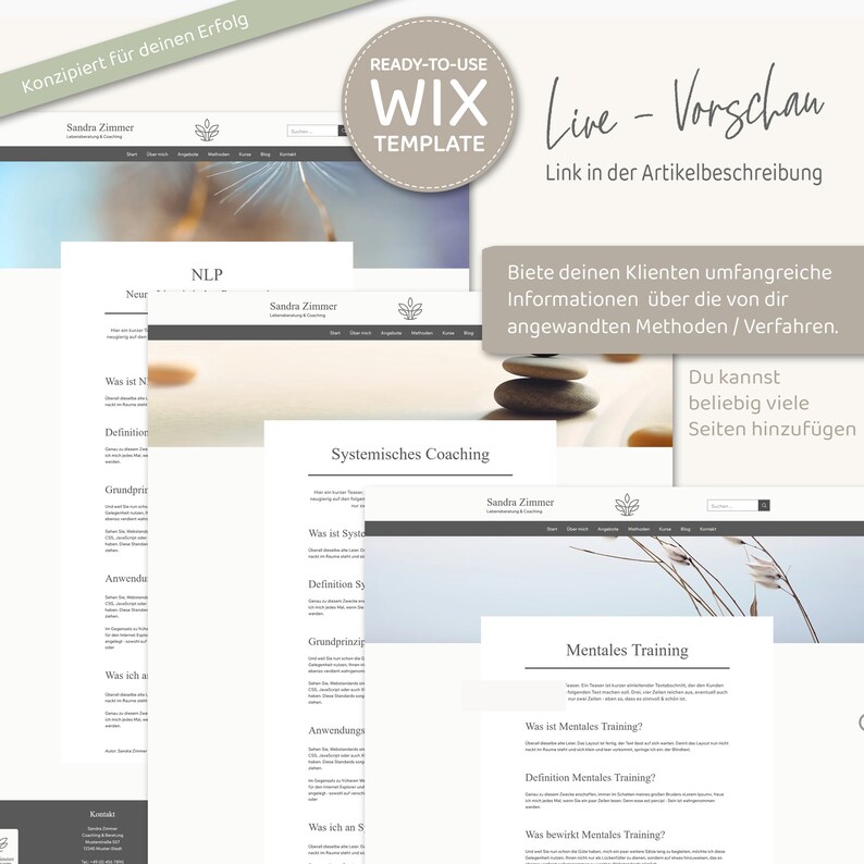 Wix Website Template - Website Vorlage "Life-Balance" für Coaching & Beratung von VanillDesign, Website selbst erstellen. Beispiel-Seiten Coaching-Angebote.