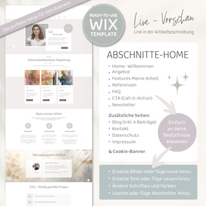 Pu&ograve; includere: Uno screenshot di un modello di sito web per un'azienda. Il modello &egrave; progettato per un sito web sulla consapevolezza e presenta una foto di una donna, una sezione sulla base dell'azienda e una sezione con domande frequenti. Il testo sullo schermo dice "Das perfekte Setup f&uuml;r dein Business", che si traduce in "La configurazione perfetta per la tua azienda".