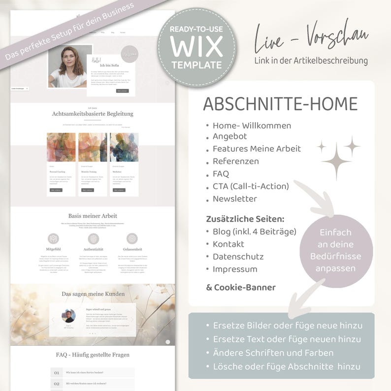 Pu&ograve; includere: Uno screenshot di un modello di sito web per un'azienda. Il modello &egrave; progettato per un sito web sulla consapevolezza e presenta una foto di una donna, una sezione sulla base dell'azienda e una sezione con domande frequenti. Il testo sullo schermo dice "Das perfekte Setup f&uuml;r dein Business", che si traduce in "La configurazione perfetta per la tua azienda".