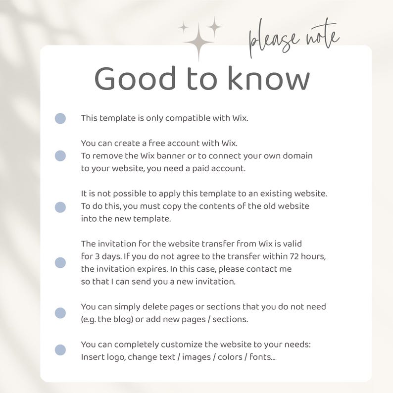 Wix Website Template - Professional webdesign for life-coaches, therapists & service providers, user-friendly, practice-oriented, aesthetic - good to know