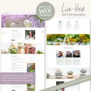 May include: Website design template for a naturopathic practice. The template features a light green and white colour scheme with images of flowers, herbs, and a woman. The text on the page includes "Practice for Naturopathy", "Hi, I'm Clara", "My Services", and "What my clients say".
