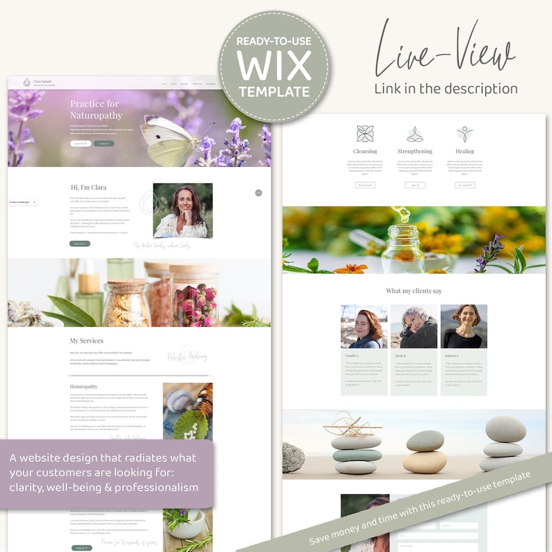 May include: Website design template for a naturopathic practice. The template features a light green and white colour scheme with images of flowers, herbs, and a woman. The text on the page includes "Practice for Naturopathy", "Hi, I'm Clara", "My Services", and "What my clients say".