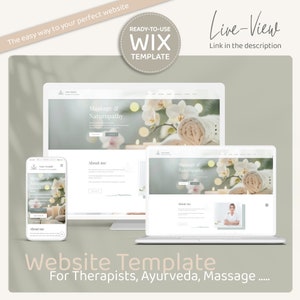 May include: Website template for therapists, Ayurveda, and massage businesses. The template features a light grey background with a white website design. The website design is shown on a desktop computer, laptop, and mobile phone.