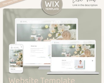 May include: Website template for therapists, Ayurveda, and massage businesses. The template features a light grey background with a white website design. The website design is shown on a desktop computer, laptop, and mobile phone.