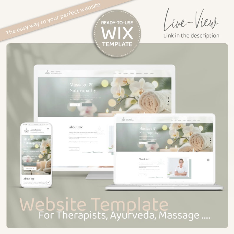 May include: Website template for therapists, Ayurveda, and massage businesses. The template features a light gray background with a white website design. The website design is shown on a desktop computer, laptop, and mobile phone.