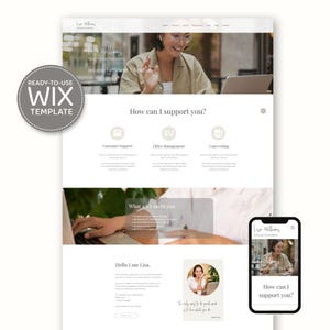 Könnte beinhalten: Eine Website-Vorlage für eine virtuelle Assistentin mit einer Frau an einem Laptop, einem Handy-Mockup und dem Text "READY-TO-USE WIX TEMPLATE". Die Website enthält Abschnitte für Kundensupport, Office-Management und Copywriting.