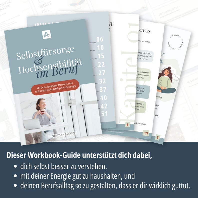 Op de afbeelding: Een werkboek met de titel "Zelfzorg & Hooggevoeligheid op de Werkplek" met een vrouw aan een bureau. De omslag van de gids is lichtblauw en wit, met een rode banner. Er zijn verschillende open pagina's zichtbaar, met tekst en illustraties.