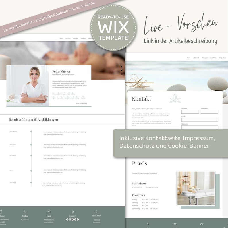Wix Website Template Coaching - Website Vorlage für HeilpraktikerInnen, Coaches  und Selbstständige von VanillDesign. Website selbst erstellen - Wix Website Theme kaufen. Seite "Über mich" und Kontaktseite mit Hinweis auf Cookie-Banner.
