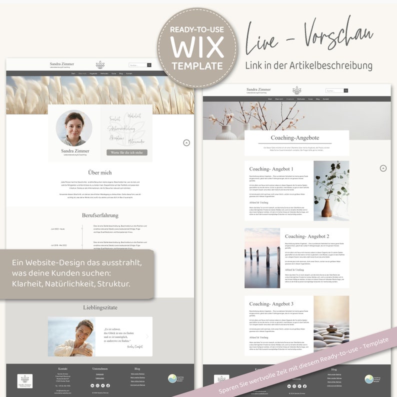 Wix Website Template - Website Vorlage "Life-Balance" für Coaching & Beratung von VanillDesign, Website selbst erstellen. Seite "Über mich" und Coaching-Angebote.