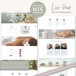 May include: A website template for a massage and naturopathy business. The template features a calming color scheme and images of people receiving massages. The text on the page includes "Massage & Naturopathy", "About Me", "My Services", "Cleansing", "Relaxation", "Healing", and "This is what my customers say".